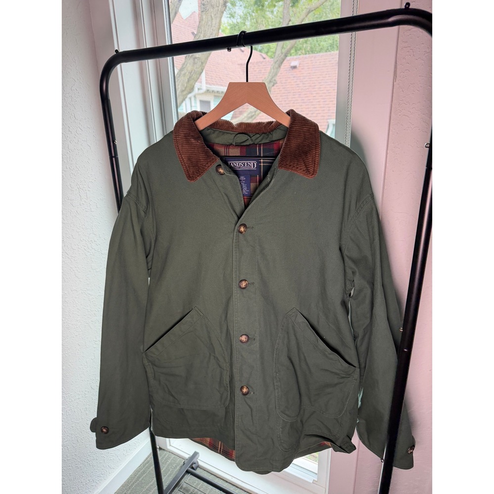 Lands End Mens Barn Coat Green Canvas Flannel Lined Corduroy Jacket L 42-44